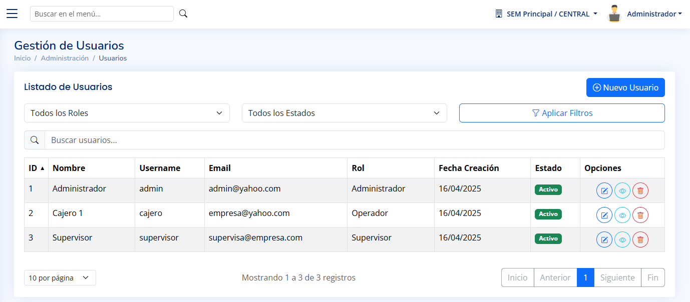 Interfaz de usuario ERP-SEM Web